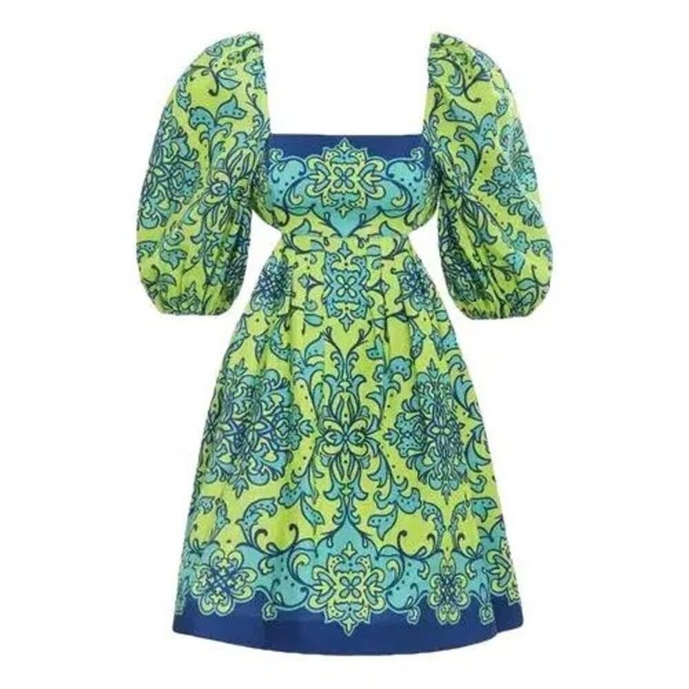 Zimmermann Bold Yellow-Green Linen Baroque Puff Sleeve Dress